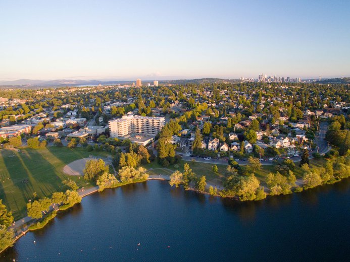 Aerial view of Green Lake in Seattle at golden hour