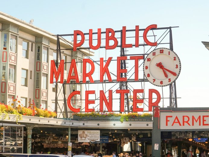 Pike Place Market sign at day time during summer in Seattle
