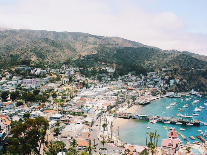 Boats in a bay in Catalina island with colorful buildings