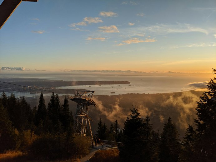 View from grouse mountain of pacific ocean and vancouver at sunset