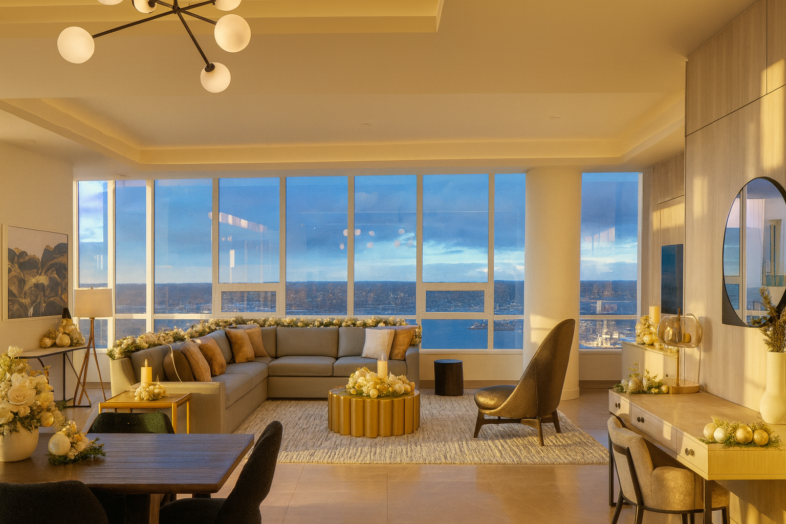 level seattle south lake union - lake union penthouse living room with holiday decor