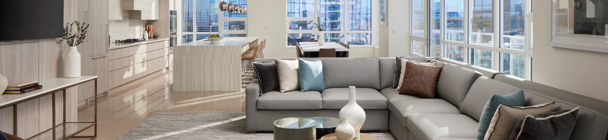 bright living room features modern design connect living and kitchen area at level seattle south lake union