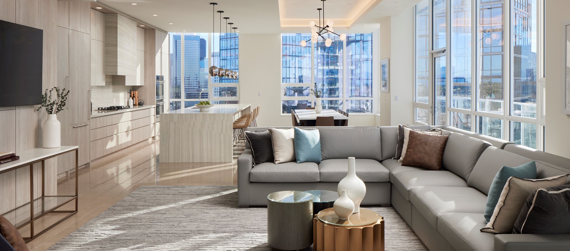 bright living room features modern design connect living and kitchen area at level seattle south lake union